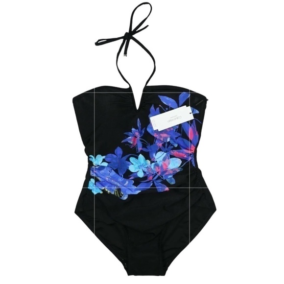 Calvin Klein BLACK MULTI ISLAND FLORAL SHIMMER V-Wire One-Piece Swimsuit - Picture 3 of 11